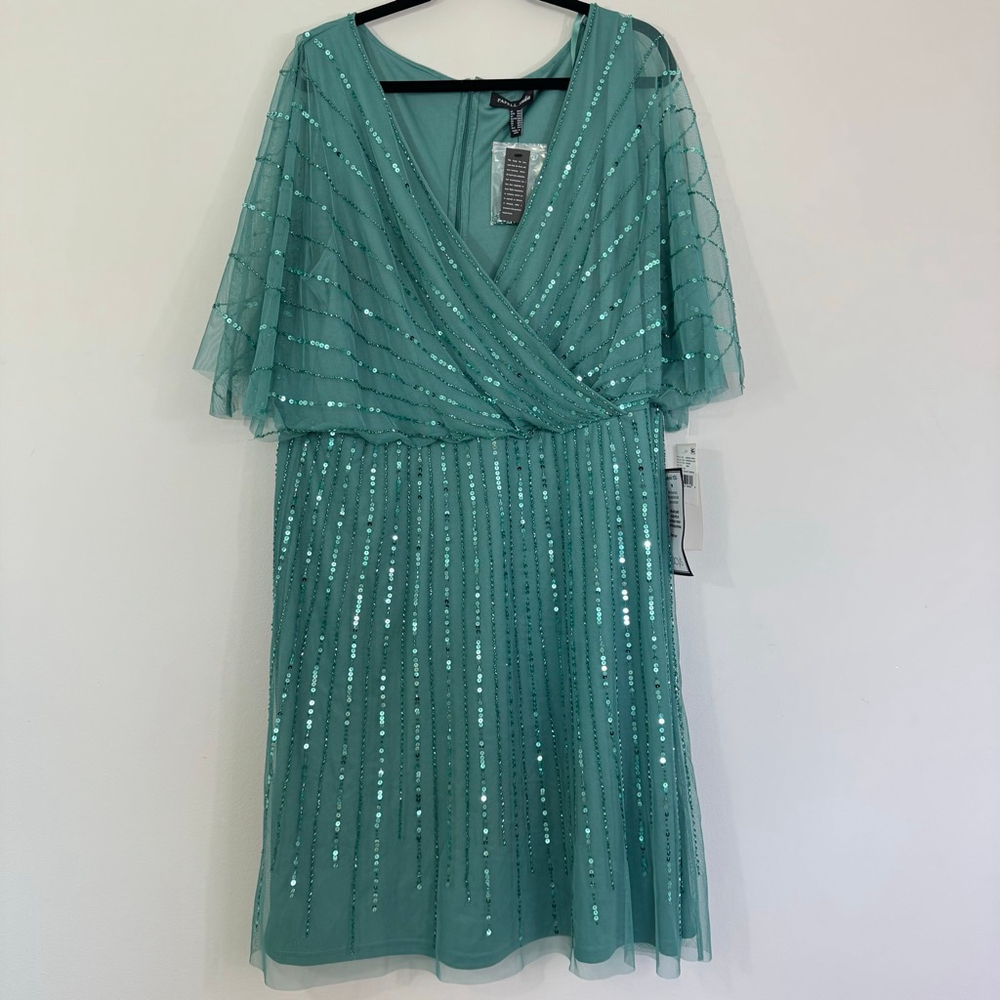 ADRIANNA PAPELL STUDIO Sequin Beaded Flutter Sleeve Cocktail Dress Green Size 20 - Picture 4 of 10